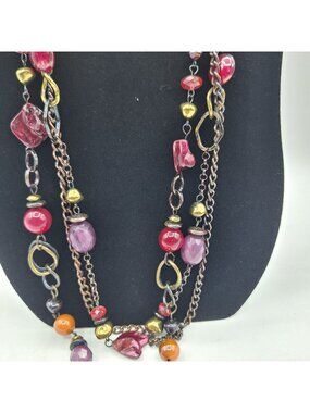 MULTISTRAND BEAD NECKLACE COLORFUL BEADS ANTIQUED GUNMETAL CHAIN VINTAGE